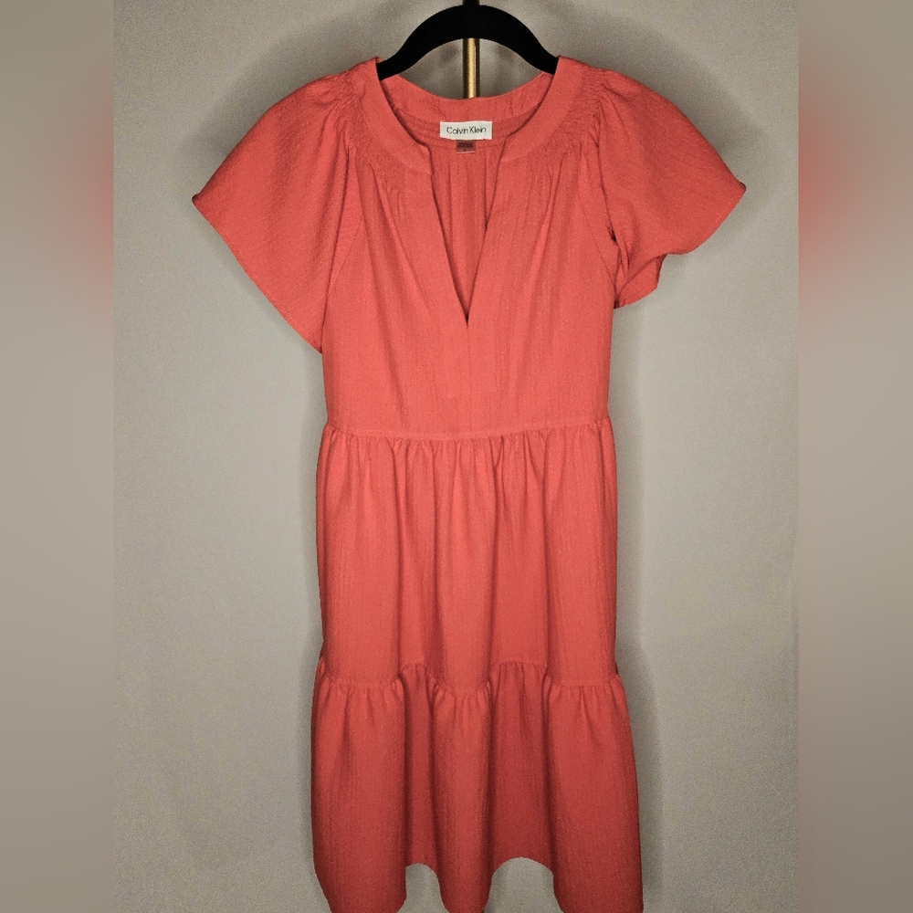 Calvin Klein Coral Pink Flutter Sleeve Tiered Gauze Mini Dress - 2